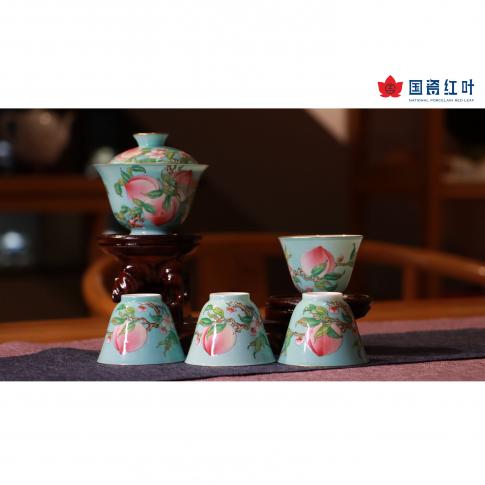 5头手绘工笔珐琅彩蒂芙尼蓝寿桃五福茶具(盖碗)