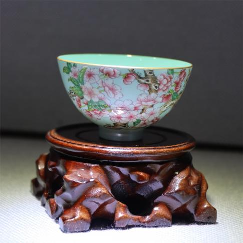 1头手绘工笔珐琅彩海棠蒂芙尼蓝鸡心杯