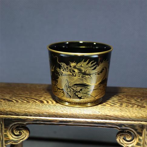 1头手绘工笔珐琅彩金龙黒釉内绘五福杯