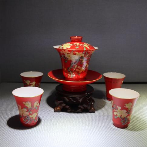 5头手绘珐琅彩满堂富贵中国红茶具(盖碗)