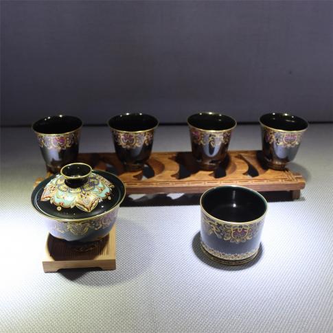 6头手绘釉上描金敦煌图案黑釉茶具