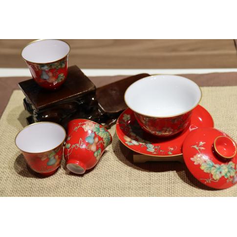 5头手绘工笔珐琅彩福禄双至茶具