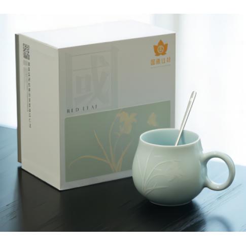 2头青釉萱草花马克杯